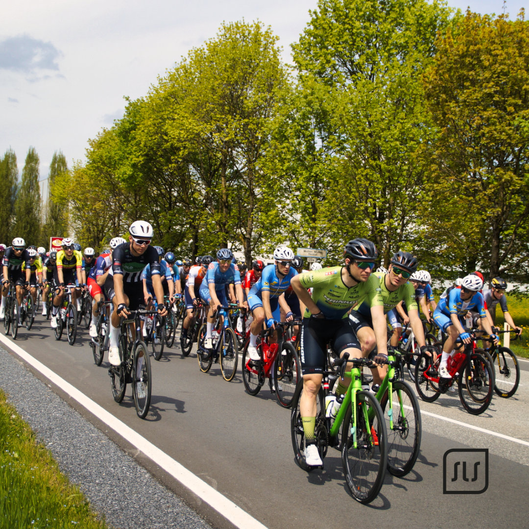 Rennradfahrer in grünen und blauen Trikots fahren im Peloton des 12. GP Vorarlberg auf einer baumgesäumten Straße
