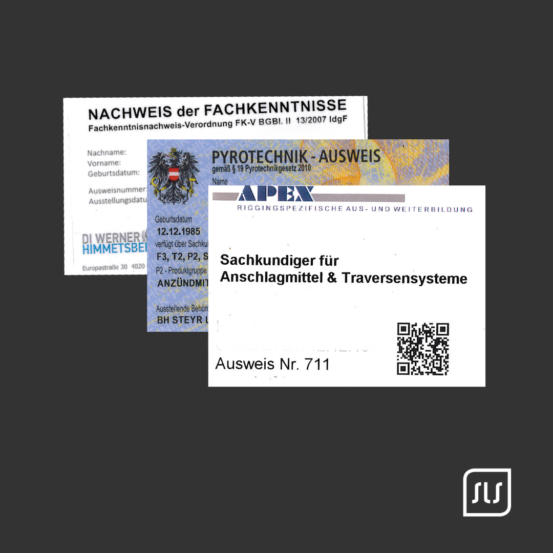 Collage aus Fachkenntnisnachweis, Pyrotechnik-Ausweis und Sachkundigen-Ausweis für Anschlagmittel und Traversensysteme