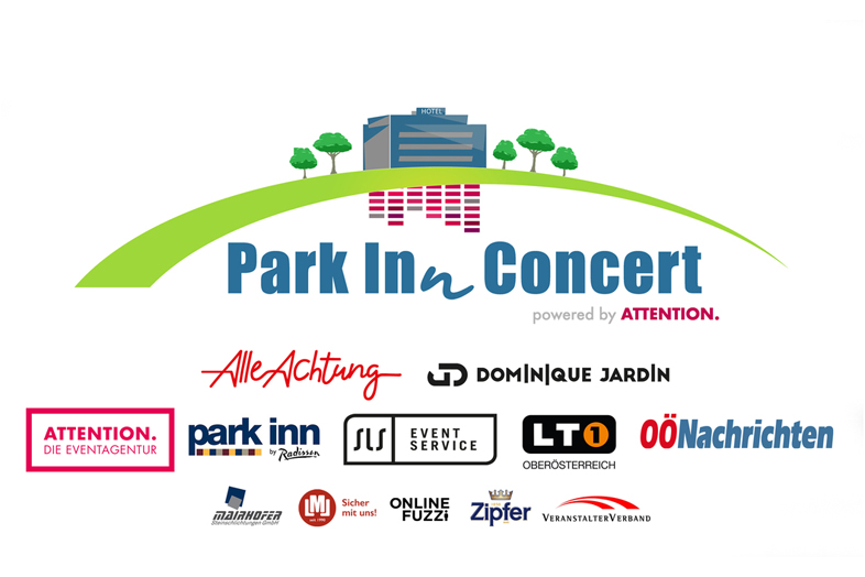 Park-Inn-Concert-Grafik mit Hotelillustration, Eventtitel sowie Künstler- und Partnerlogos