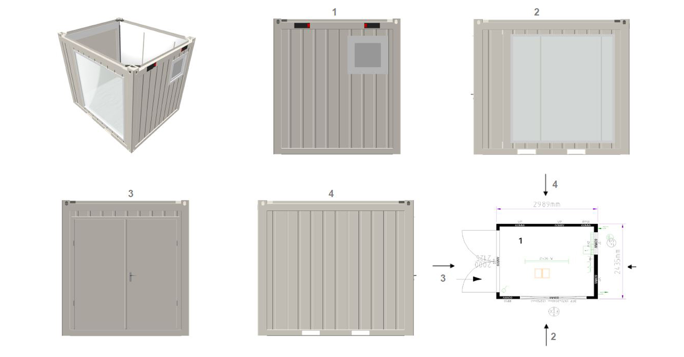 Planung eines Eventcontainers mit verschiedenen Ansichten und Grundriss für SLS Eventservice