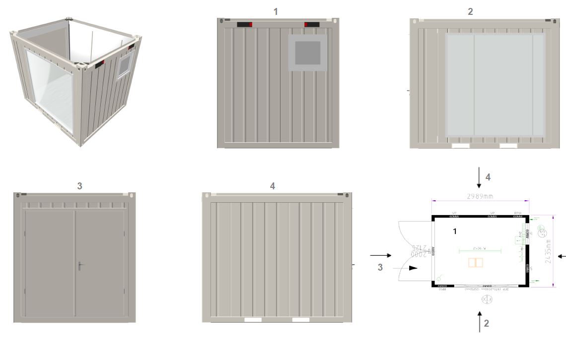 Planung eines Eventcontainers mit verschiedenen Ansichten und Grundriss für SLS Eventservice