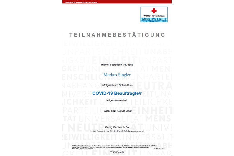 Teilnahmebestätigung des Wiener Roten Kreuzes für Markus Singler zum Online-Kurs COVID-19-Beauftragter