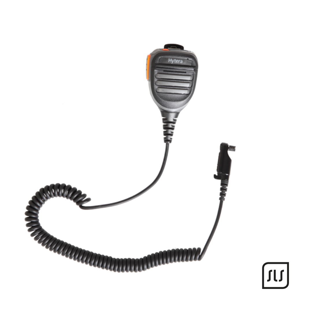 Schwarzes Hytera-Lautsprechermikrofon mit Frontgitter, orangefarbenem Seitenknopf und Spiralkabel