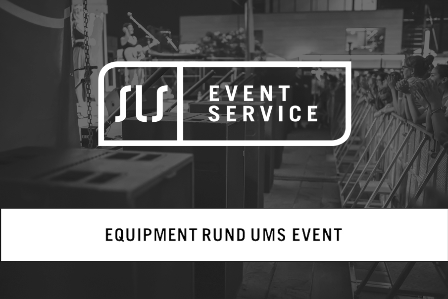 SLS Eventservice Logo mit dem Schriftzug „Equipment rund ums Event“ vor einer Veranstaltungsszene