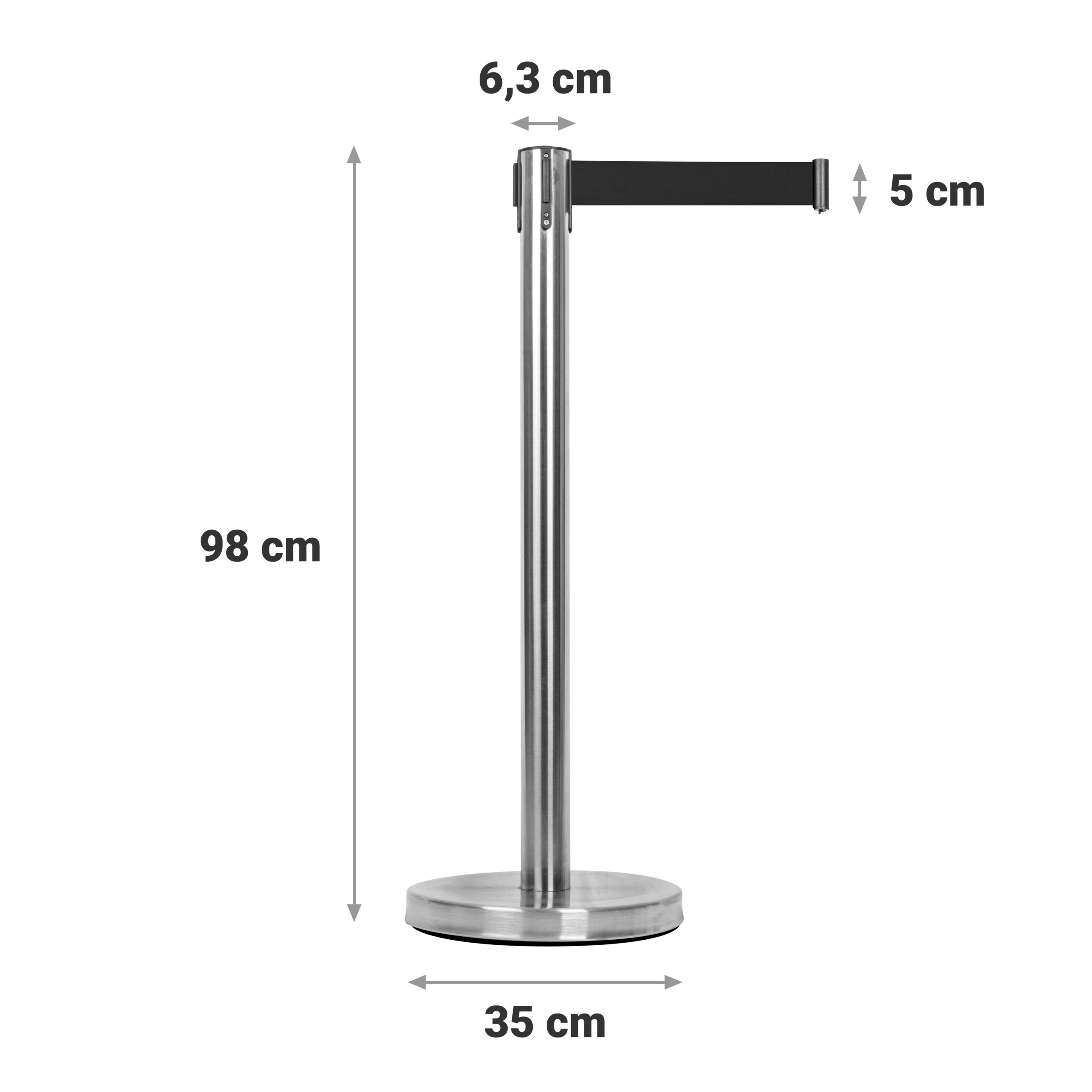 Maßzeichnung eines silbernen Gurtabsperrständers: 98 cm Höhe, 35 cm Fußdurchmesser, 6,3 cm Pfostendurchmesser und 5 cm Gurtbreite