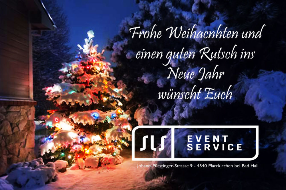Verschneiter Weihnachtsbaum am Christlessee mit Weihnachtsgrüßen von SLS Eventservice