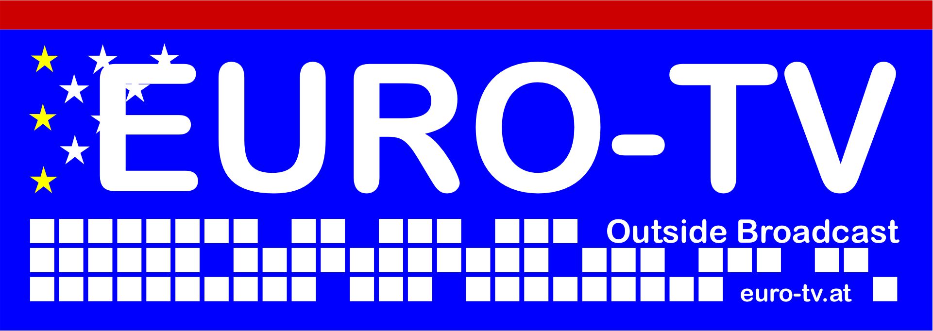 Blaues EURO-TV-Logo mit weißem Schriftzug, Sternen und Zusatz „Outside Broadcast“