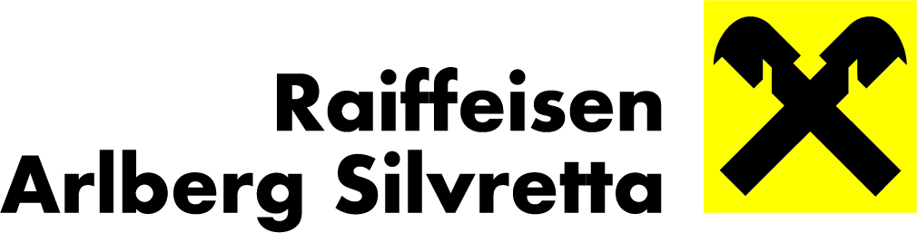 Logo Raiffeisen Arlberg Silvretta mit schwarzem Schriftzug und schwarzem Giebelkreuz auf gelbem Feld