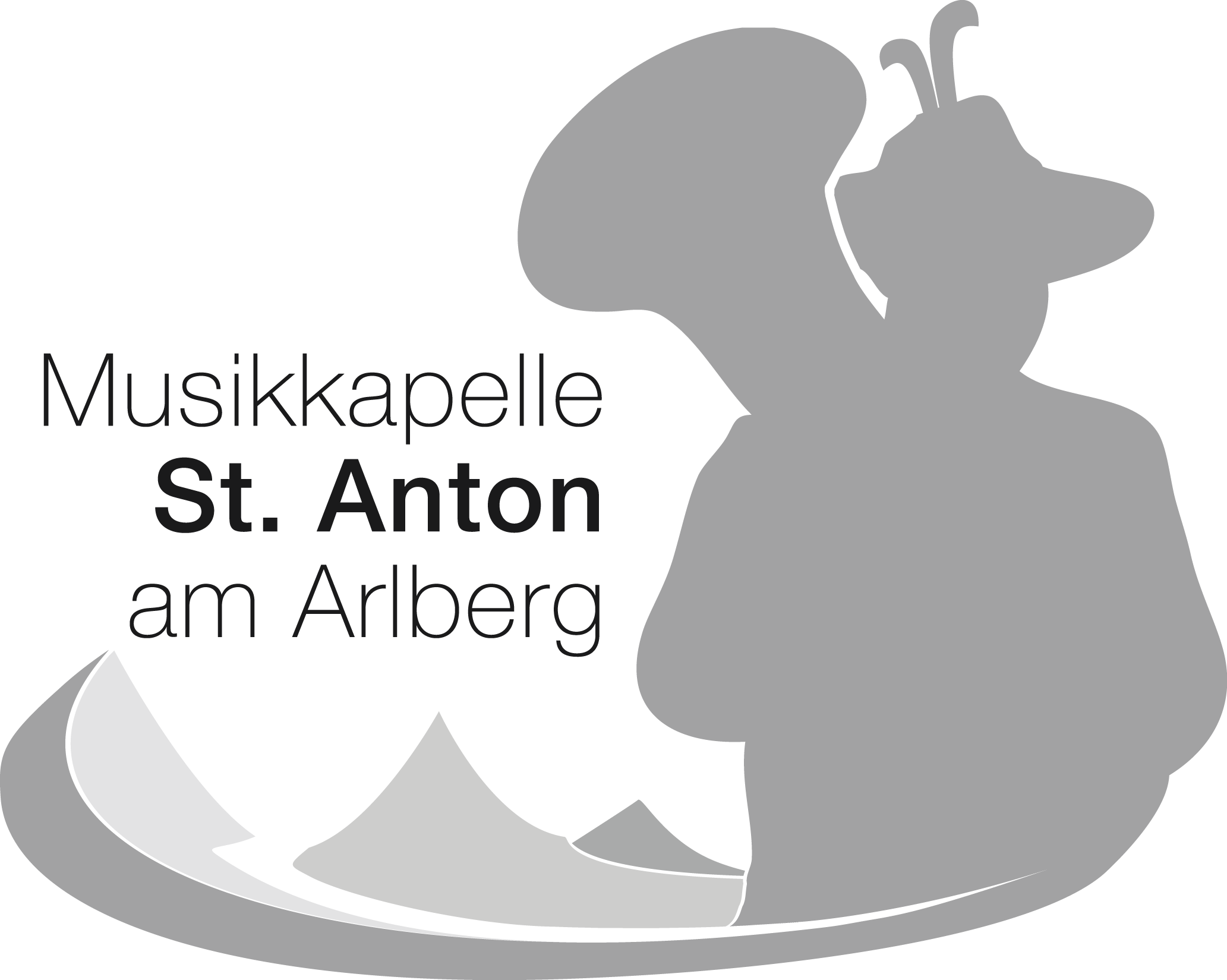 Logo der Musikkapelle St. Anton am Arlberg mit schwarzem Schriftzug und grauer Silhouette