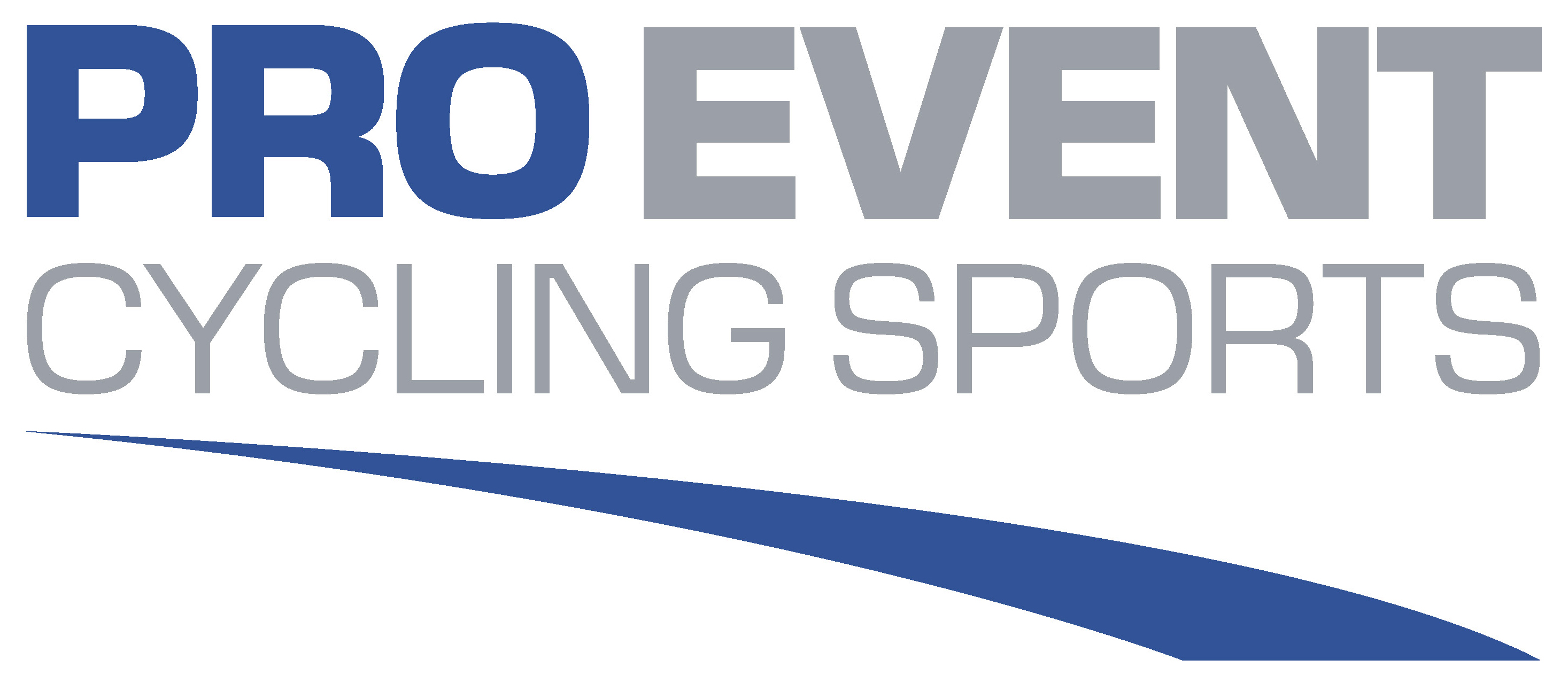 Logo Pro Event Cycling Sports mit blau-grauem Schriftzug und geschwungener blauer Linie