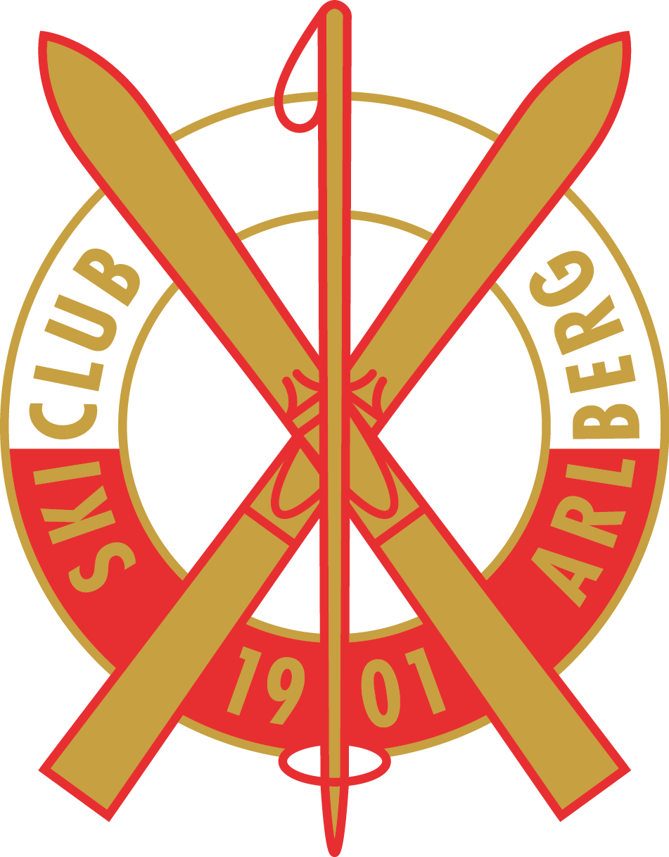 Wappen des Ski-Club Arlberg mit gekreuzten goldenen Skiern, rotem Rand und Jahreszahl 1901