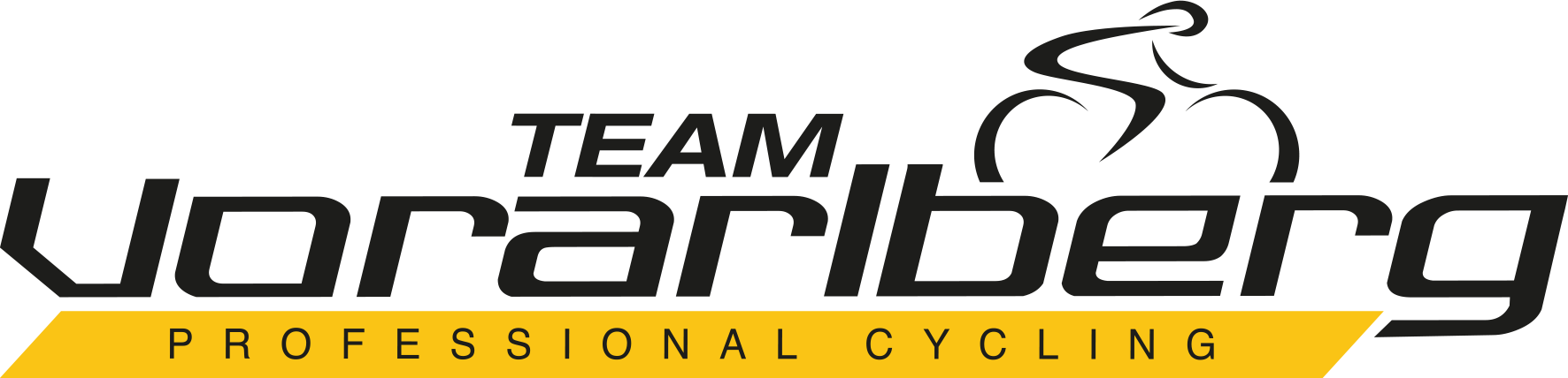 Team-Vorarlberg-Logo mit schwarzem Radfahrer-Symbol und gelbem Balken „Professional Cycling“