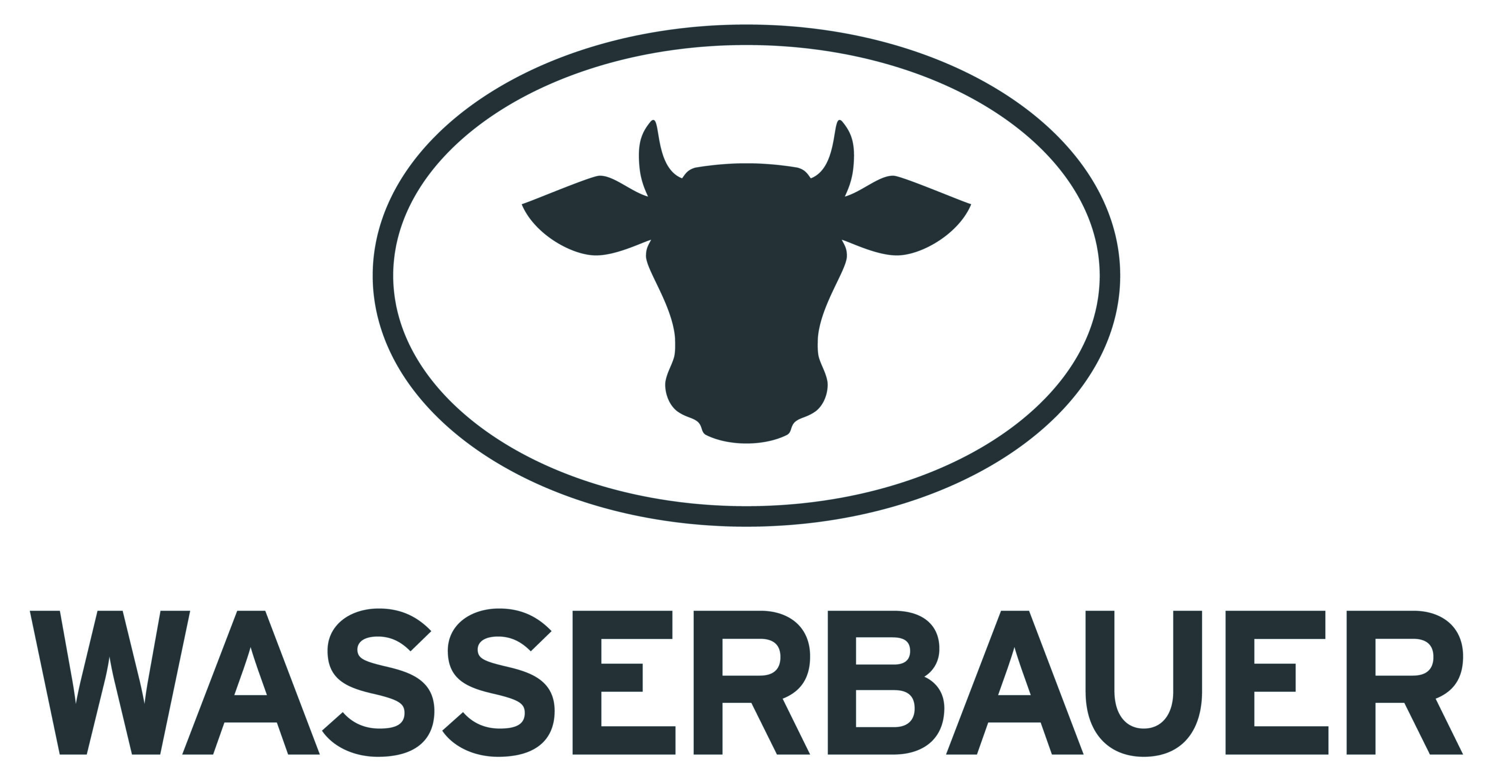 Wasserbauer-Logo mit stilisiertem Rinderkopf in einem Oval und grauem Schriftzug