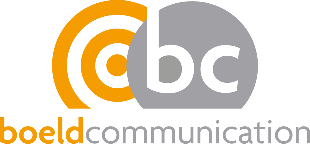 Boeld-Communication-Logo mit orangefarbenen Kreisen, grauem bc-Symbol und Wortmarke