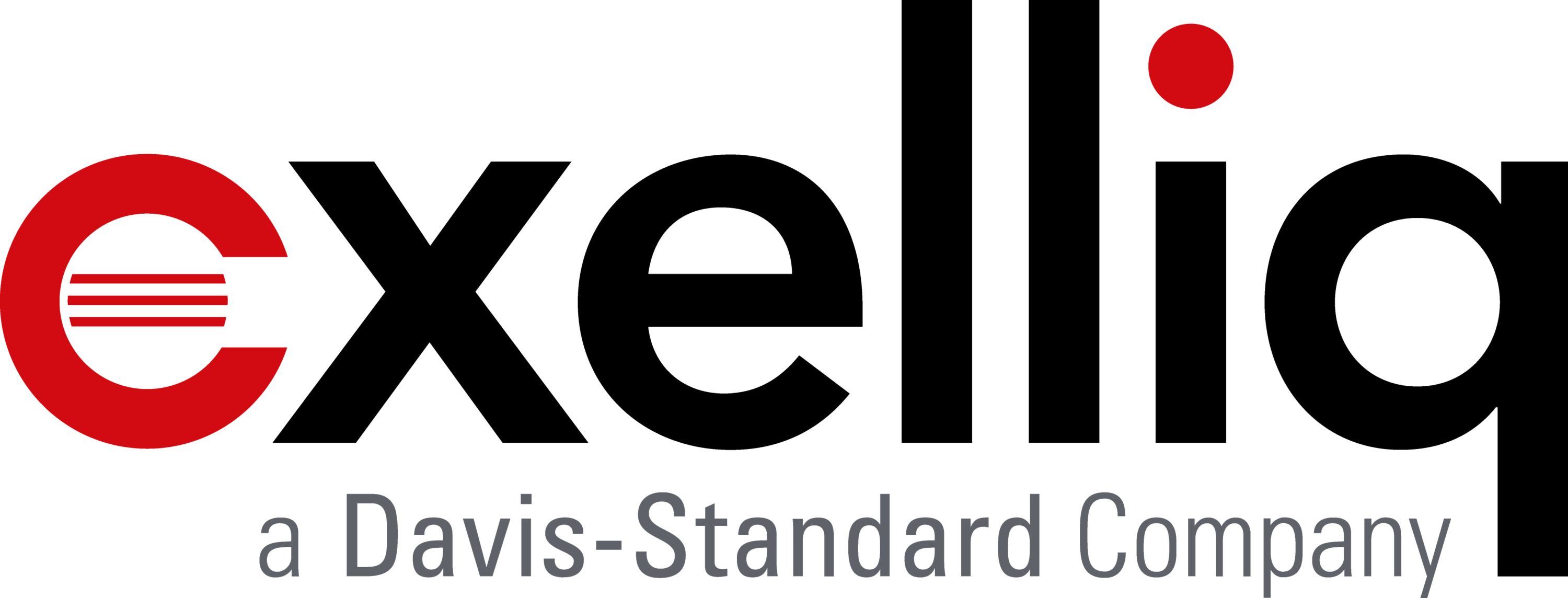 Exelliq-Logo mit rotem e, schwarzem Schriftzug und Zusatz „a Davis-Standard Company“