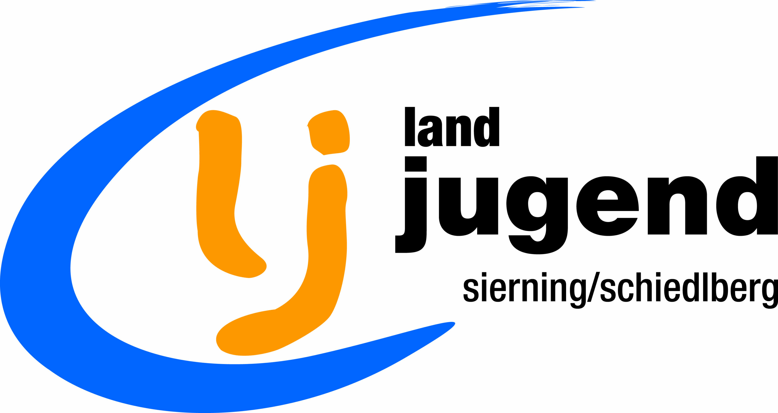 Logo der Landjugend Sierning-Schiedlberg mit orangefarbenem lj-Zeichen und blauem Bogen