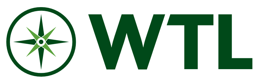 Grünes WTL-Logo mit Kompassrose in einem Kreis links vom Schriftzug