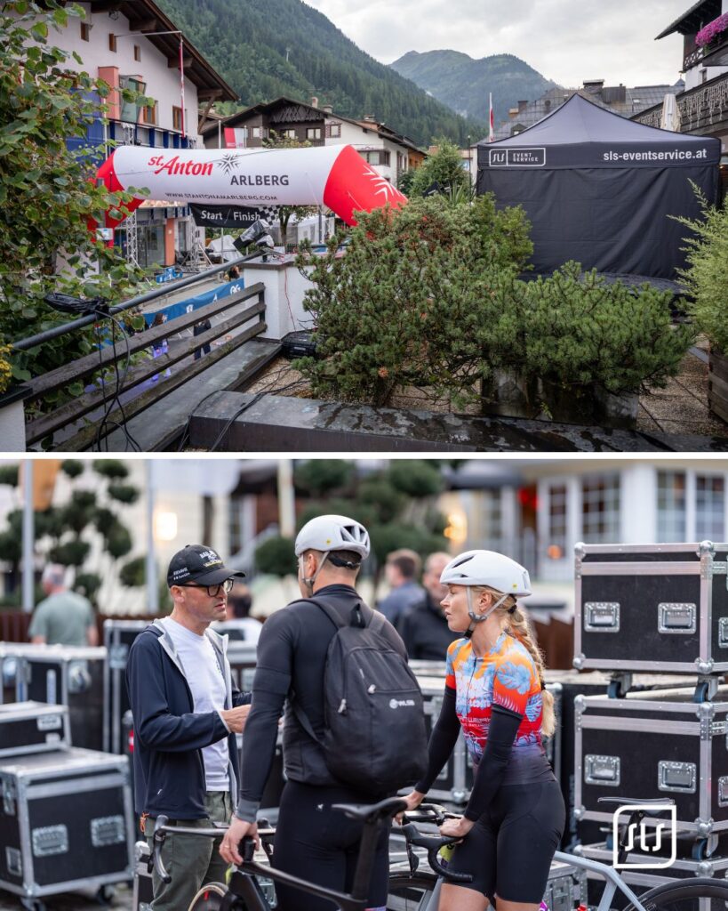 Collage mit Start-Ziel-Bogen, SLS-Zelt und Radfahrern vor Technikcases beim Arlberg Giro 2026