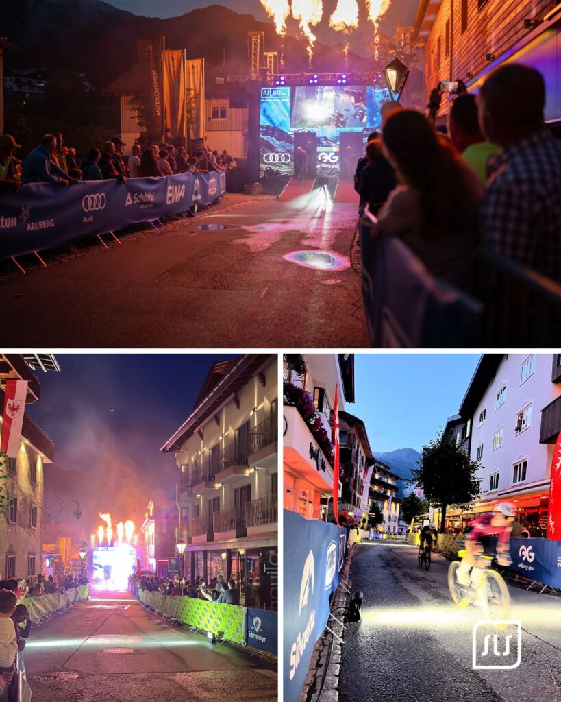 Collage mit beleuchtetem Zielbereich, Flammen und Radfahrern auf der Strecke beim Arlberg Giro 2026