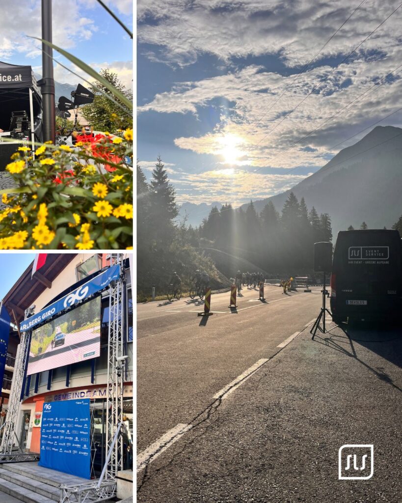 Collage vom Arlberg Giro 2026 mit LED-Wall, Blumen am Veranstaltungsbereich und SLS-Truck an der Strecke