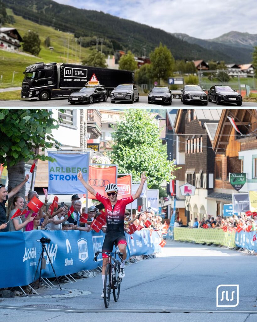 Bildcollage mit SLS Eventservice Truck vor Bergkulisse und jubelndem Radfahrer im Ziel des Arlberg Giro 2026