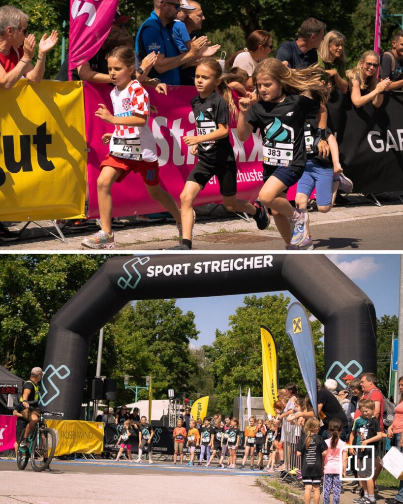Collage mit laufenden Kindern und Startbereich unter dem Sport-Streicher-Bogen beim Atterrun 2026