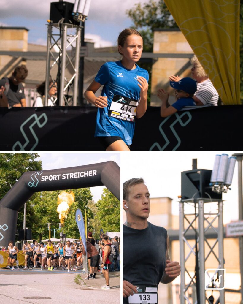 Collage mit Läuferin, Massenstart unter Sport-Streicher-Bogen und weiterem Läufer beim Atterrun 2026