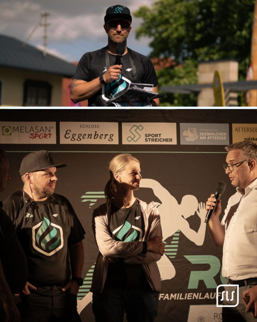 Collage mit Moderator am Mikrofon und Gespräch auf der Atterrun-Bühne 2026