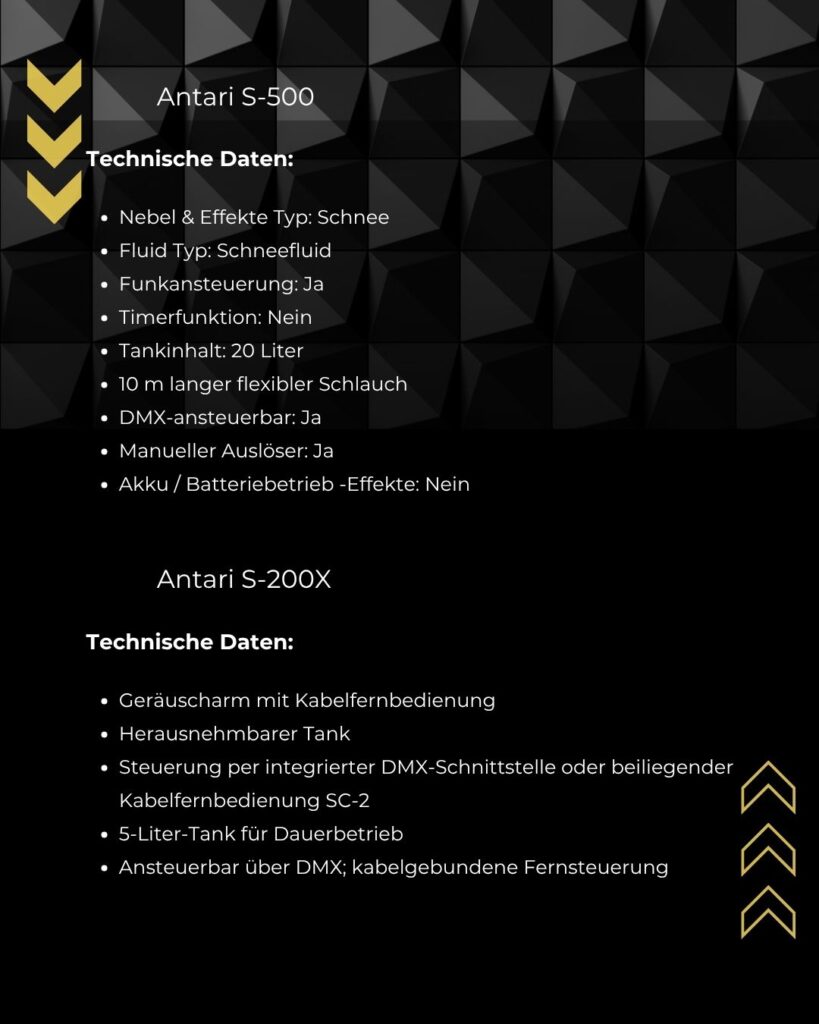 Infografik mit technischen Daten der Schneeschaummaschinen Antari S-500 und S-200X