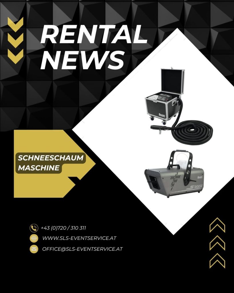 Rental-News-Grafik von SLS Eventservice mit Schneeschaummaschine, Steuereinheit und Schlauch