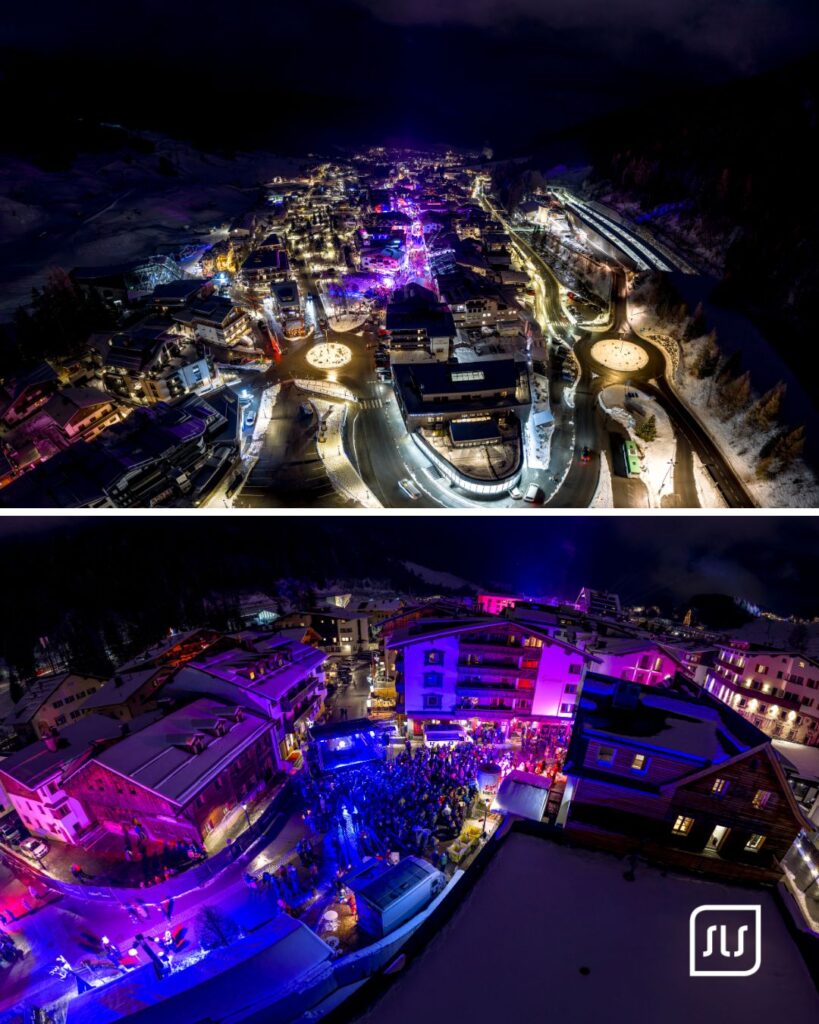 Zwei nächtliche Luftbilder von St. Anton mit beleuchtetem Ortszentrum und Skiopen-Publikum