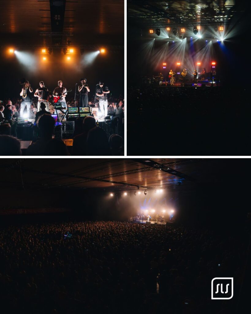 Collage mit Liveband, Lichtshow und großem Publikum beim Skiopen St. Anton 2025