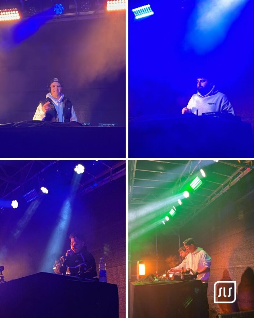 Vier Aufnahmen von DJs am Mischpult unter blauem und grünem Bühnenlicht beim Skiopen St. Anton 2025