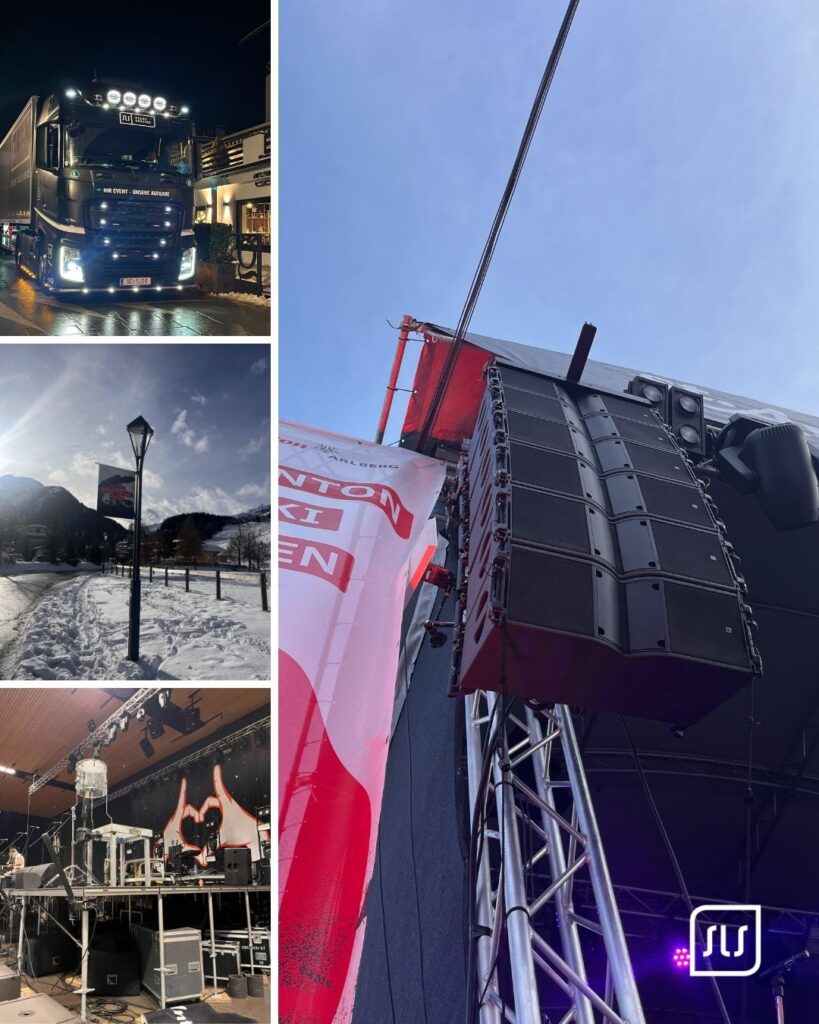 Collage mit Bühnenaufbau, Lautsprecheranlage und verschneitem St. Anton beim Skiopen 2025