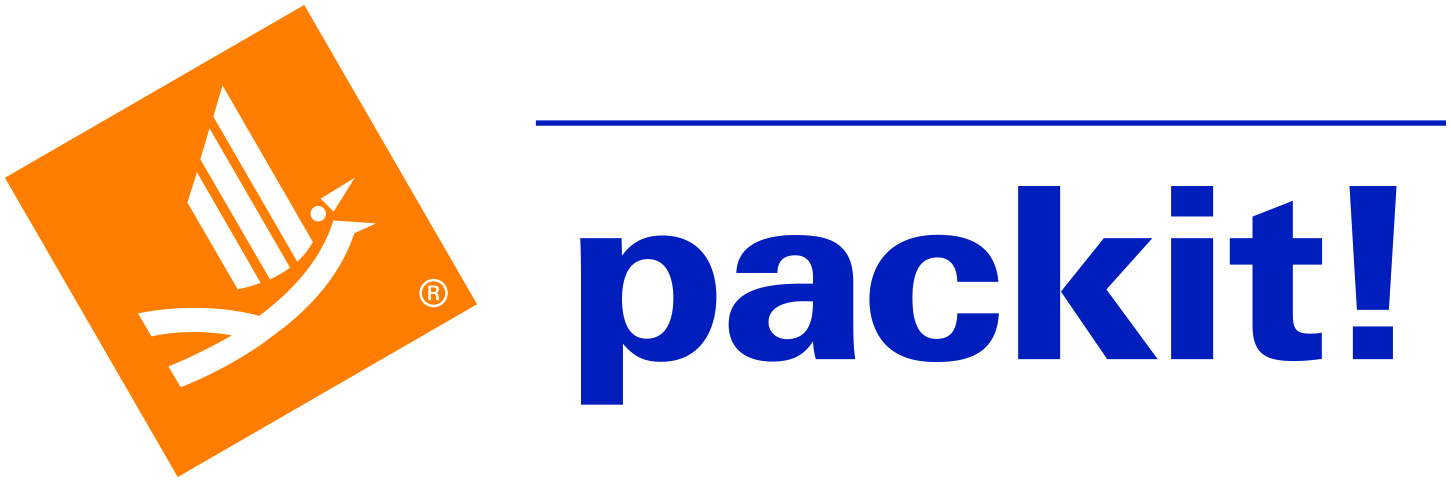 packit!-Logo mit blauem Schriftzug und weißem Symbol in einem orangefarbenen Quadrat